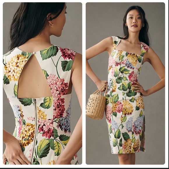 By Anthropologie beautiful Slim Square Neck Sheath Dress Hydrangea Floral 10 EUC - Picture 2 of 13